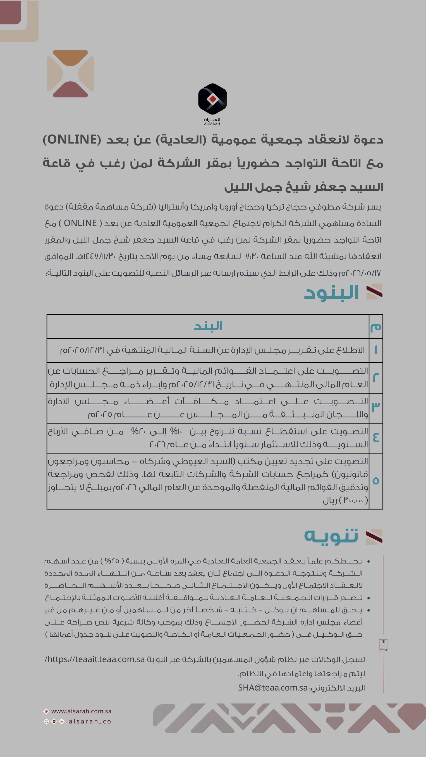 دعوة السادة المساهمين الكرام لحضور اجتماع الجمعية العمومية العادية